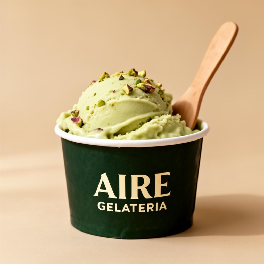 Aire Gelateria green tub with pistachio gelato and wooden spoon